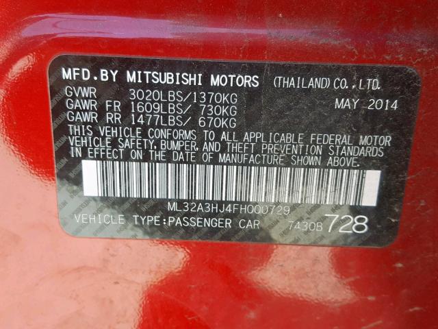 ML32A3HJ4FH000729 - 2015 MITSUBISHI MIRAGE DE RED photo 10