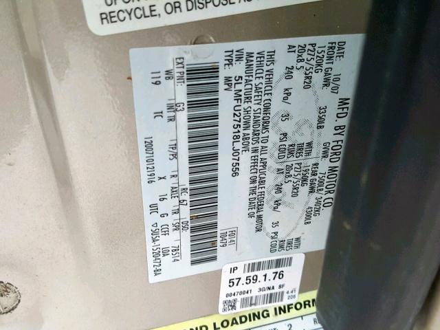 5LMFU27518LJ07556 - 2008 LINCOLN NAVIGATOR 米色 照片 10