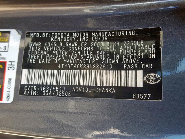 4T1BE46K89U882613 - 2009 TOYOTA CAMRY BASE GRAY photo 10