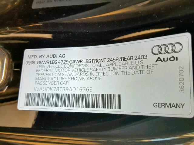 WAUDK78T39A016765 - 2009 AUDI A5 QUATTRO BLACK photo 10