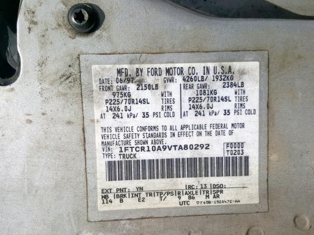 1FTCR10A9VTA80292 - 1997 FORD RANGER SILVER photo 10