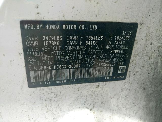 JHMGK5H78GX036087 - 2016 HONDA FIT EX WHITE photo 10