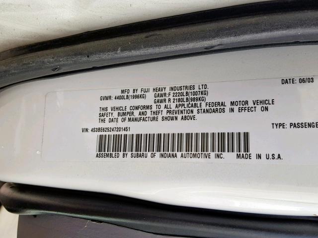 4S3BE625247201451 - 2004 SUBARU LEGACY L S WHITE photo 10