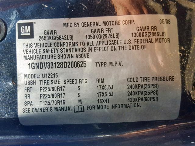 1GNDV33128D200625 - 2008 CHEVROLET UPLANDER L GRAY photo 10