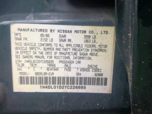 1N4DL01D2YC226695 - 2000 NISSAN ALTIMA XE GREEN photo 10