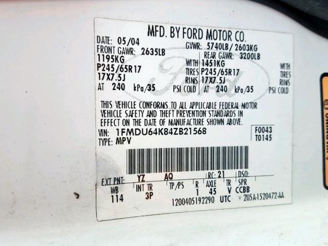 1FMDU64K84ZB21568 - 2004 FORD EXPLORER E WHITE photo 10