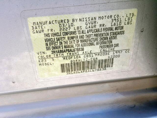 3N1AB6AP8AL678838 - 2010 NISSAN SENTRA 2.0 SILVER photo 10