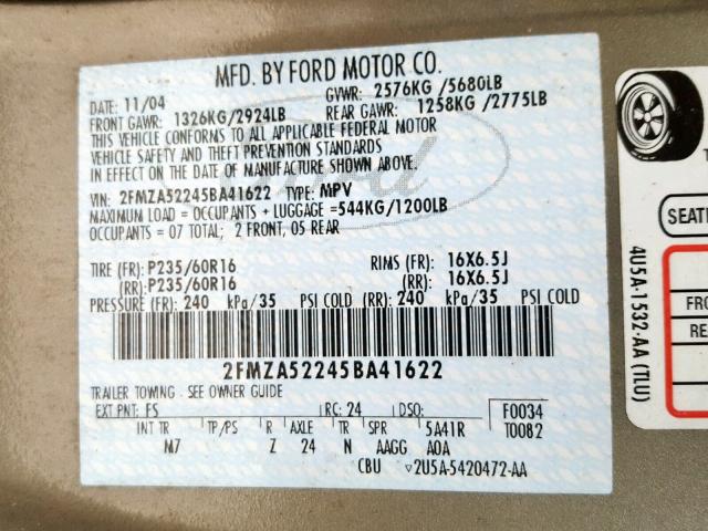 2FMZA52245BA41622 - 2005 FORD FREESTAR S GREEN photo 10