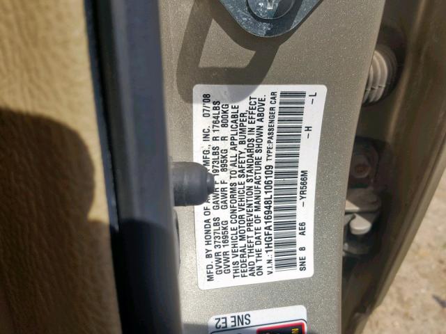 1HGFA16948L106109 - 2008 HONDA CIVIC EXL GOLD photo 10