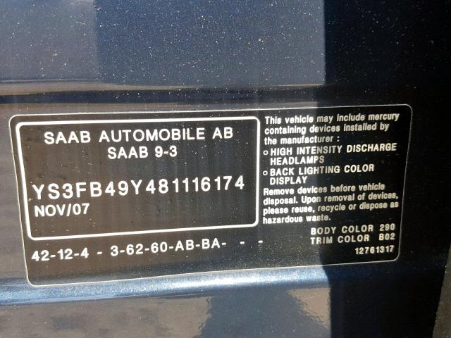 YS3FB49Y481116174 - 2008 SAAB 9-3 2.0T BLUE photo 10