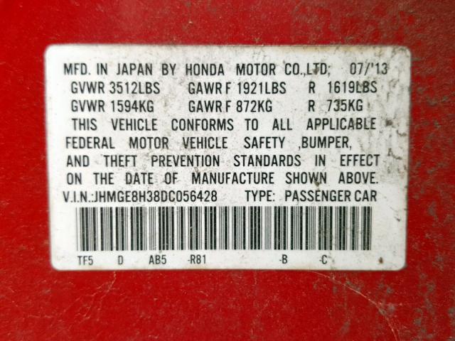 JHMGE8H38DC056428 - 2013 HONDA FIT RED photo 10