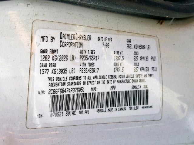 2C8GF68474R376051 - 2004 CHRYSLER PACIFICA WHITE photo 10