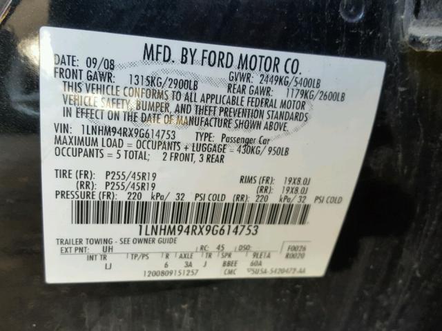 1LNHM94RX9G614753 - 2009 LINCOLN MKS BLACK photo 10