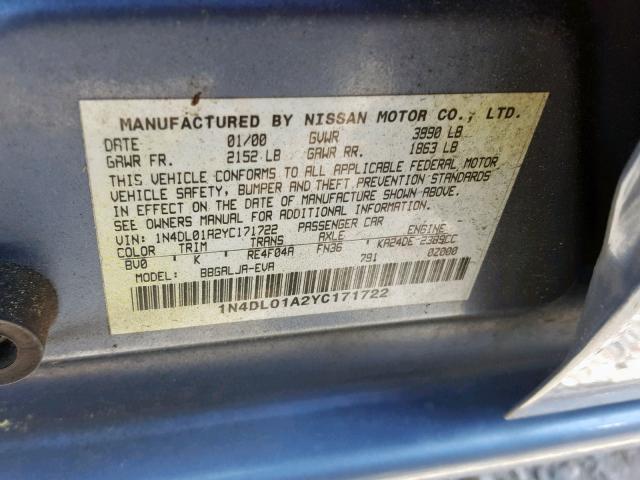 1N4DL01A2YC171722 - 2000 NISSAN ALTIMA XE BLUE photo 10