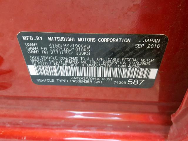 JA32V2FW2HU003891 - 2017 MITSUBISHI LANCER ES RED photo 10