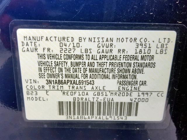 3N1AB6APXAL691543 - 2010 NISSAN SENTRA 2.0 BLUE photo 10