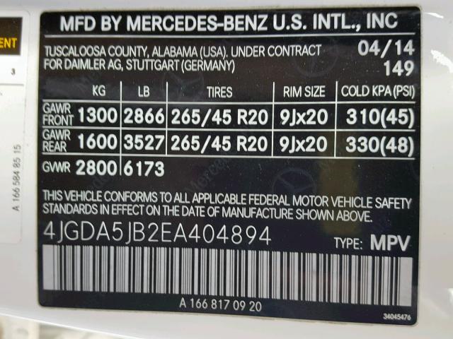 4JGDA5JB2EA404894 - 2014 MERCEDES-BENZ ML 350 WHITE photo 10