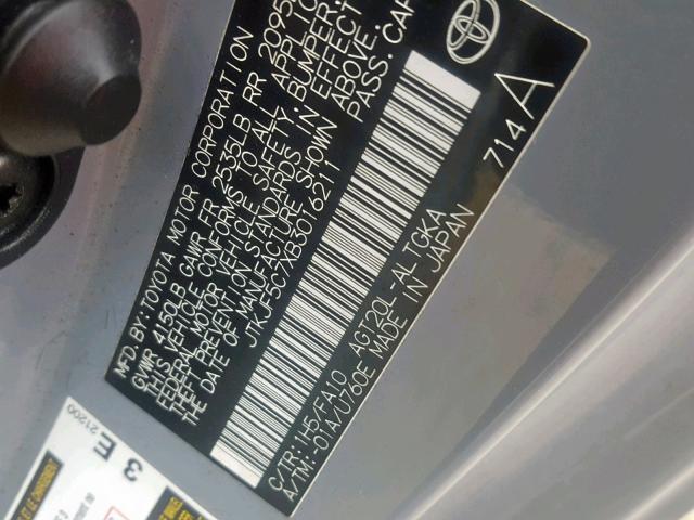 JTKJF5C7XB3016211 - 2011 TOYOTA SCION TC ვერცხლისფერი ფოტო 10