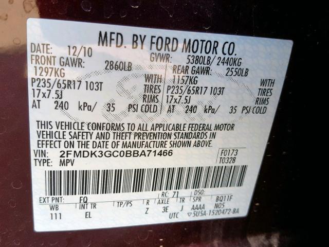 2FMDK3GC0BBA71466 - 2011 FORD EDGE SE MAROON photo 10