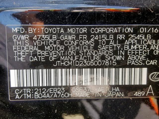 JTHCM1D23G5007815 - 2016 LEXUS IS 300 BLACK photo 10