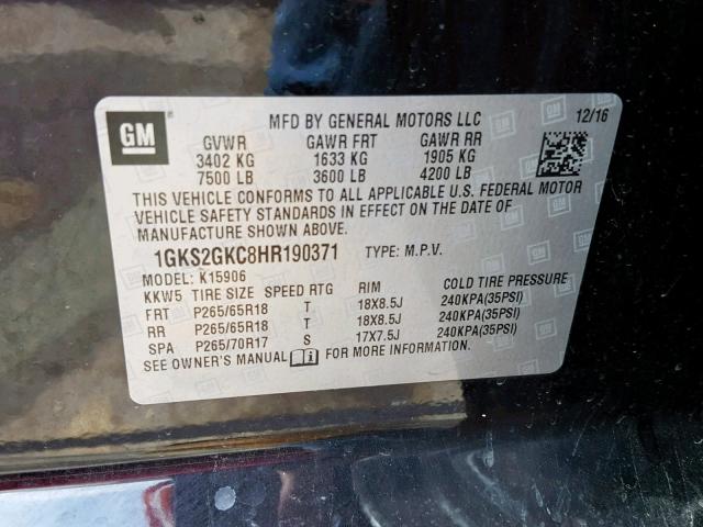 1GKS2GKC8HR190371 - 2017 GMC YUKON XL K BLACK photo 10