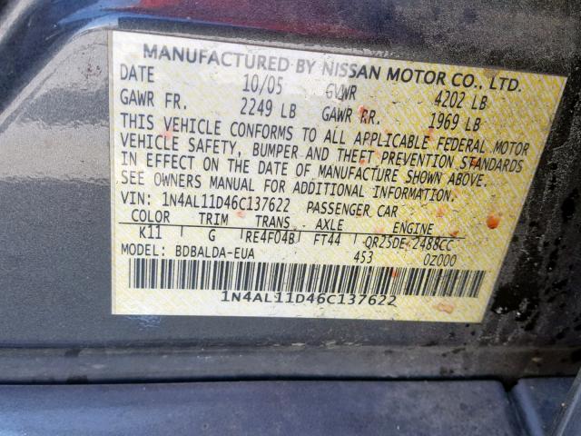 1N4AL11D46C137622 - 2006 NISSAN ALTIMA S GRAY photo 10