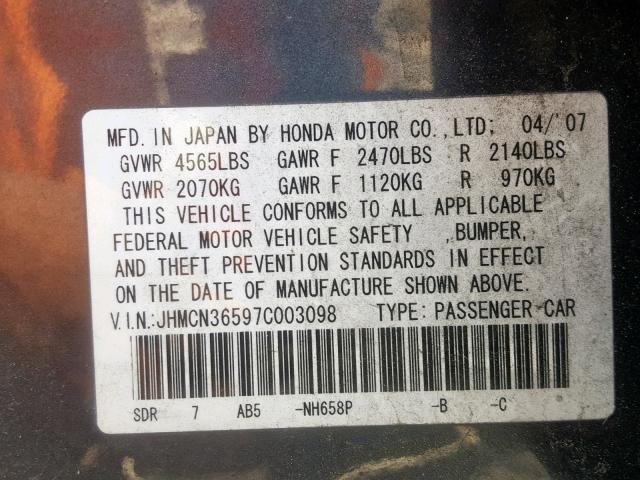 JHMCN36597C003098 - 2007 HONDA ACCORD HYB GRAY photo 10