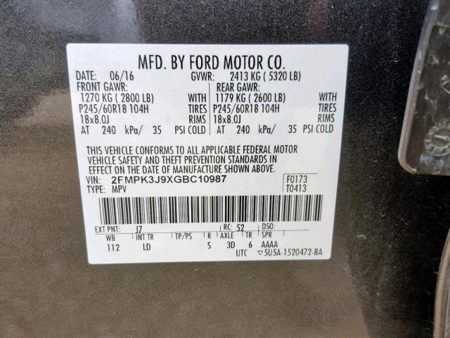 2FMPK3J9XGBC10987 - 2016 FORD EDGE SEL GRAY photo 10