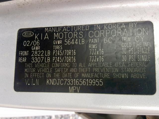 KNDJC733165619955 - 2006 KIA SORENTO EX SILVER photo 10