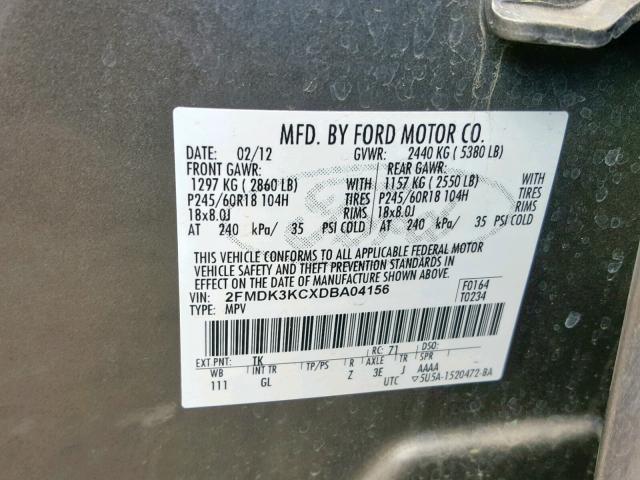 2FMDK3KCXDBA04156 - 2013 FORD EDGE LIMIT CHARCOAL photo 10