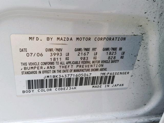 JM1BK343771605047 - 2007 MAZDA 3 HATCHBAC WHITE photo 10