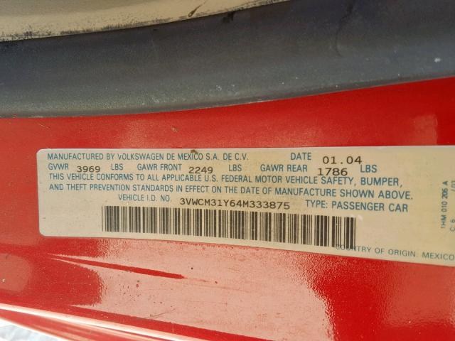 3VWCM31Y64M333875 - 2004 VOLKSWAGEN NEW BEETLE წითელი ფოტო 10