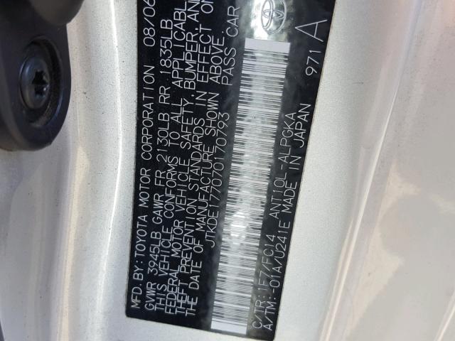 JTKDE177070170793 - 2007 TOYOTA SCION TC ვერცხლისფერი ფოტო 10