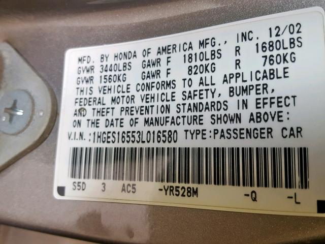 1HGES16553L016580 - 2003 HONDA CIVIC LX SILVER photo 10