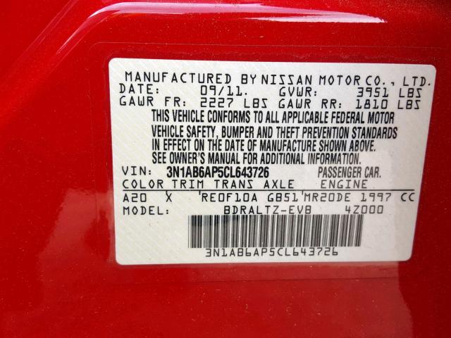 3N1AB6AP5CL643726 - 2012 NISSAN SENTRA 2.0 RED photo 10