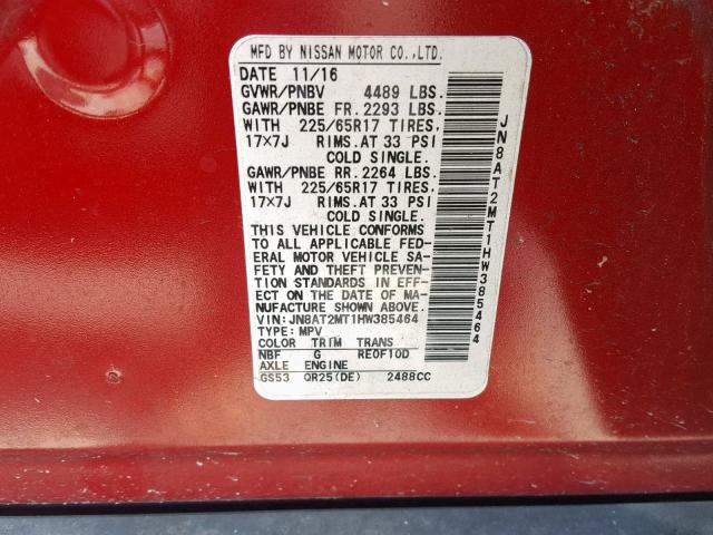 JN8AT2MT1HW385464 - 2017 NISSAN ROGUE S RED photo 10