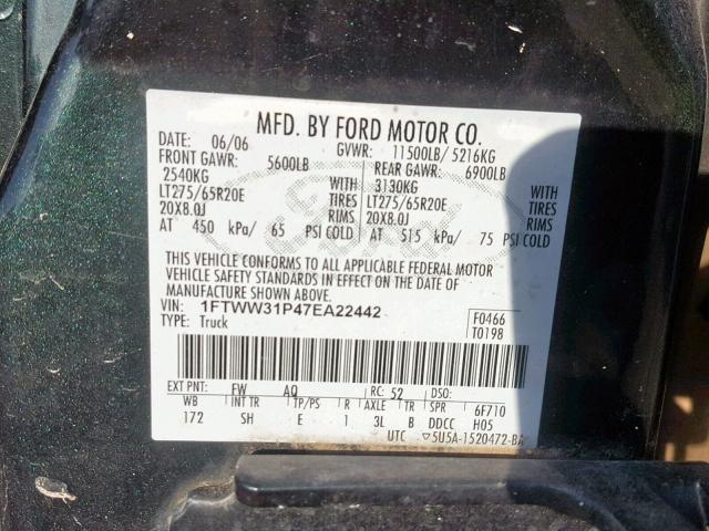 1FTWW31P47EA22442 - 2007 FORD F350 SRW S GREEN photo 10