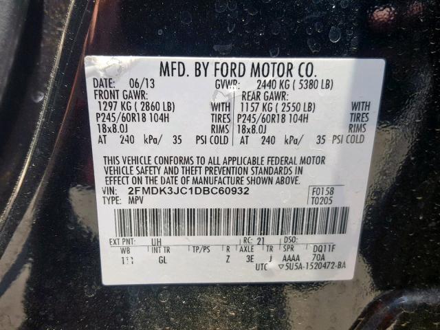 2FMDK3JC1DBC60932 - 2013 FORD EDGE SEL BLACK photo 10