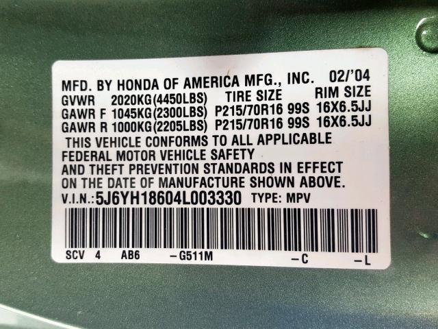 5J6YH18604L003330 - 2004 HONDA ELEMENT EX GREEN photo 10