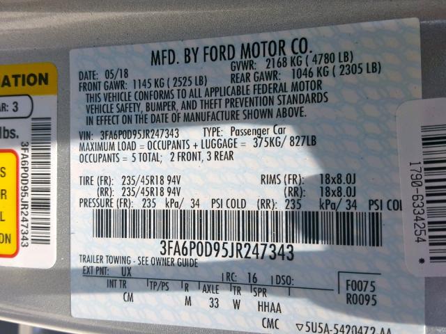 3FA6P0D95JR247343 - 2018 FORD FUSION TIT SILVER photo 10