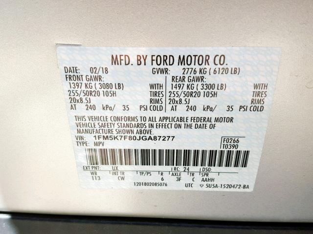 1FM5K7F80JGA87277 - 2018 FORD EXPLORER L SILVER photo 10