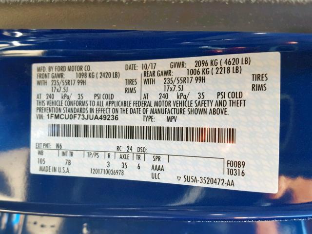 1FMCU0F73JUA49236 - 2018 FORD ESCAPE S BLUE photo 10