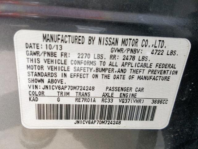 JN1CV6AP7DM724248 - 2013 INFINITI G37 BASE GRAY photo 10