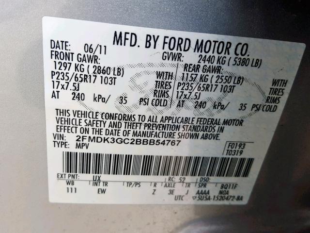 2FMDK3GC2BBB54767 - 2011 FORD EDGE SE SILVER photo 10