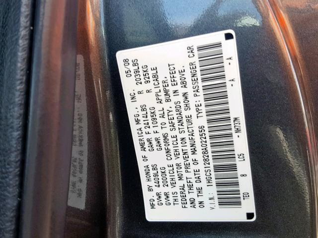 1HGCS12828A022556 - 2008 HONDA ACCORD EXL GRAY photo 10