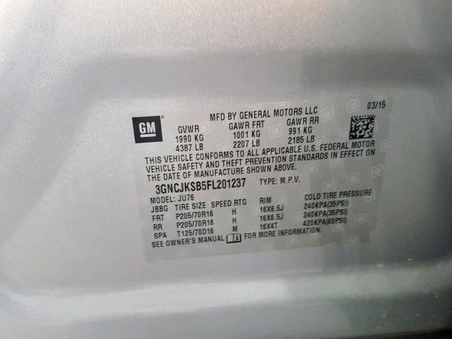 3GNCJKSB5FL201237 - 2015 CHEVROLET TRAX LS SILVER photo 10