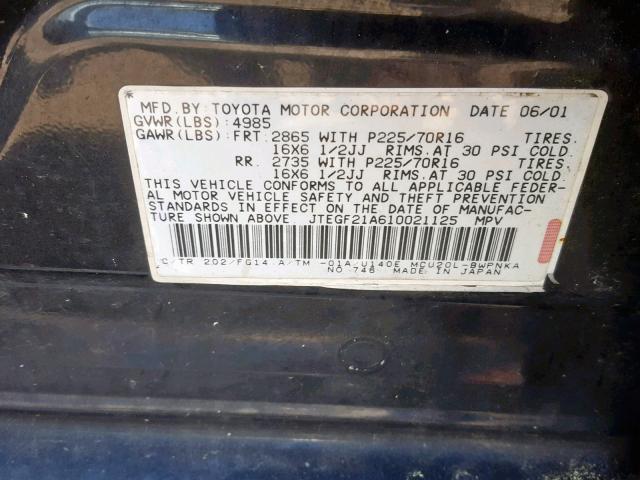 JTEGF21A610021125 - 2001 TOYOTA HIGHLANDER BLACK photo 10