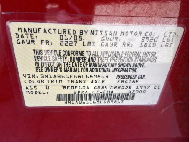 3N1AB61E68L689863 - 2008 NISSAN SENTRA 2.0 RED photo 10