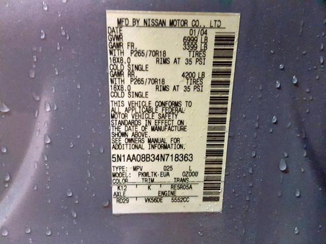 5N1AA08B34N718363 - 2004 NISSAN ARMADA SE SILVER photo 10