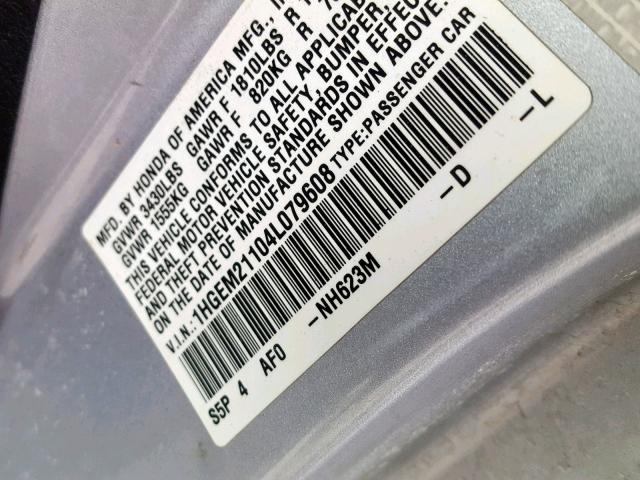 1HGEM21104L079608 - 2004 HONDA CIVIC DX V SILVER photo 10